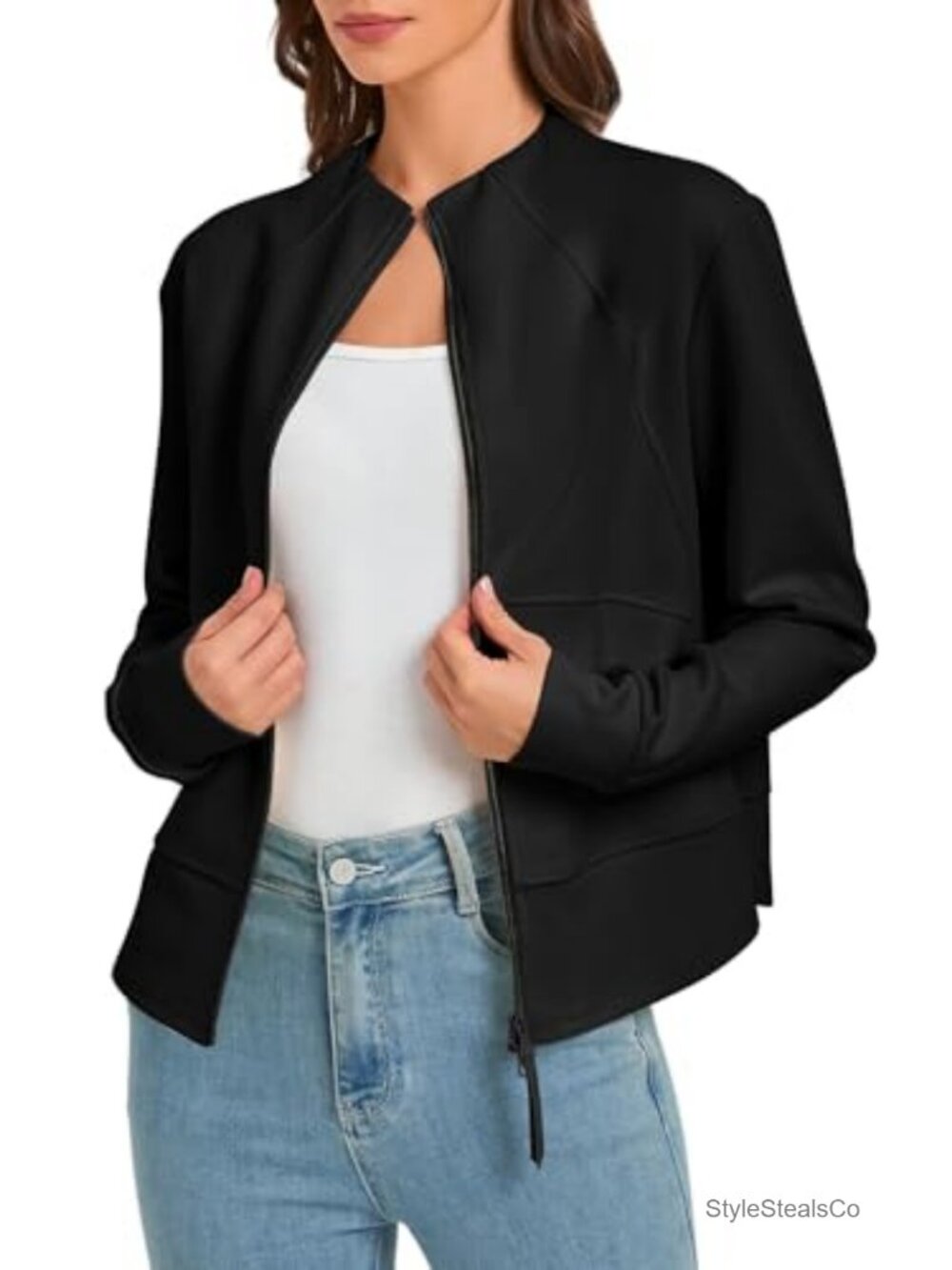 Cropped Zip-Up Bomber Jacket with Pockets - Polyester Cotton Spandex